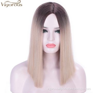 Vigorous Short Straight Bob Hair Synthetic Wigs For Women 2 Tone Ombre Color Wigs Glueless Natural-Looking Cosplay Wig